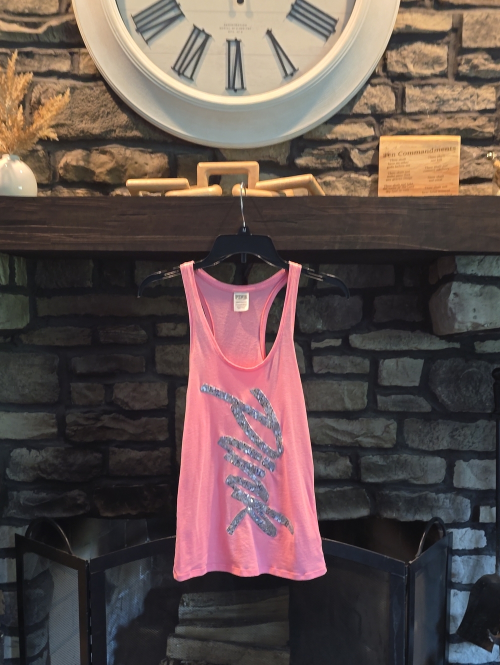 PINK Victoria's Secret Pink Racerback Tank with Silver Sequin Script